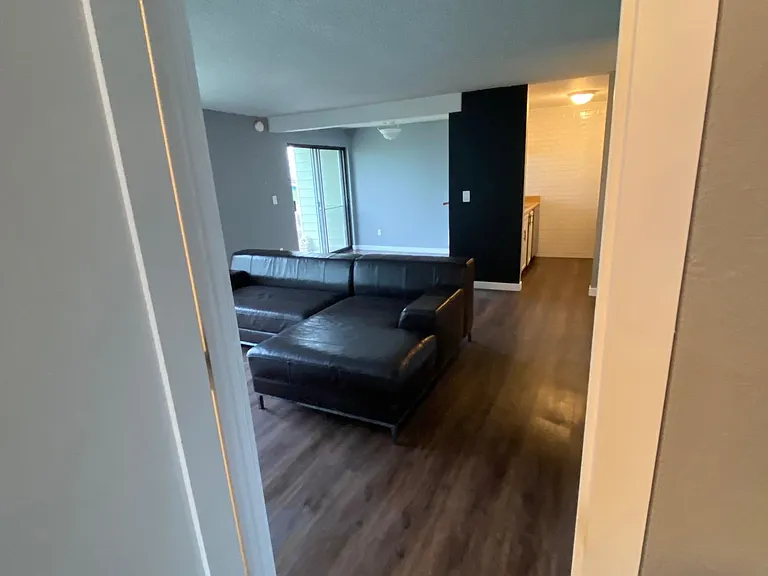 Leaving second bedroom into the living room (curtains are now placed over the back door)