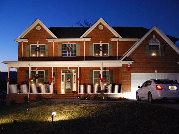 Front, decorated for Christmas.