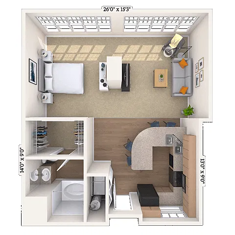 Floor plan Studio 1x1 814-853 SF