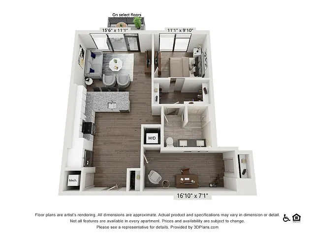 Floor plan One Bedroom One Bath With Den (917 SF)