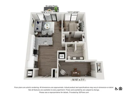 Floor plan One Bedroom One Bath With Den (917 SF)