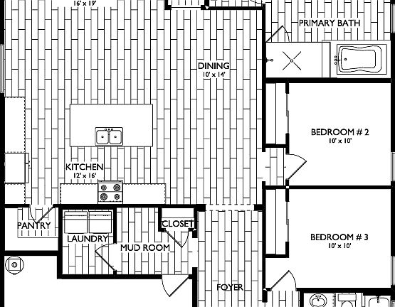 Black and white floor plan showing a 2-car garage, foyer, mud room, kitchen, pantry, great room, din