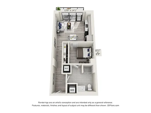Floor plan Studio One Bath (610 SF)