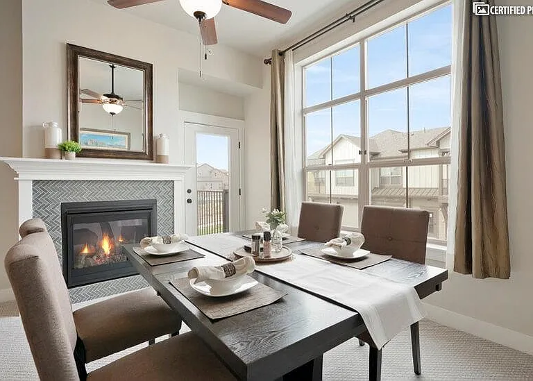 Enjoy your morning coffee by the cozy modern fireplace