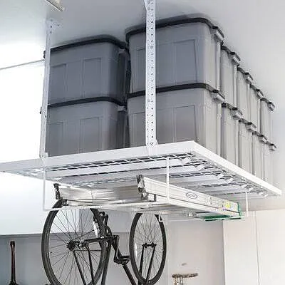 enlarged photo of hanging storage racks in garage to show how much storage space is available on each.