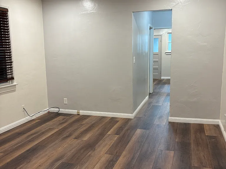 The living room flows into the hallway and then into the kitchen.