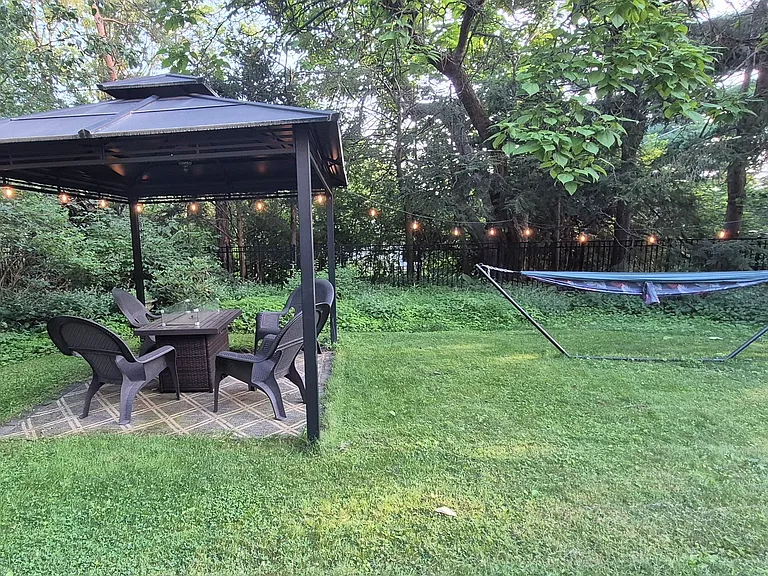 Hammock, pavilion, and propane fire pit