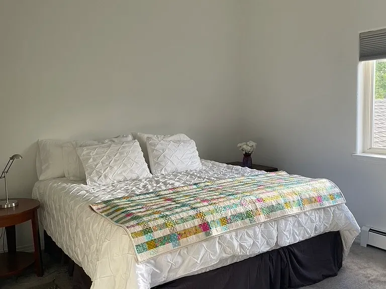 Primary bedroom with Posh and Lavish King size bed, quality linens, and your choice of down or wool comforter.
