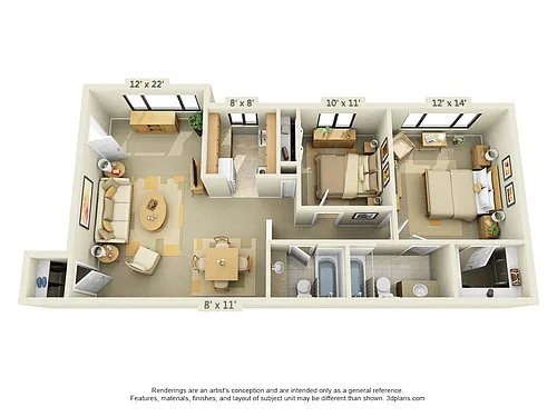 Floor plan 2 BR 2 BA- Style A