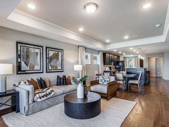 Gathering room with optional tray ceiling open to the dining area and kitchen model representation