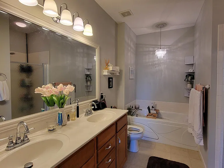 Master bathroom: double sinks, jetted tub, walk-in shower, dimmable lighting.