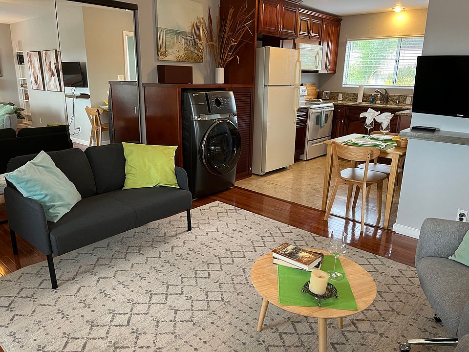 Large washer/dryer. Large double mirrored closet plus additional storage in bathroom.
