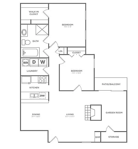 Floor plan Two Bedroom One Bath (1,200 SF)