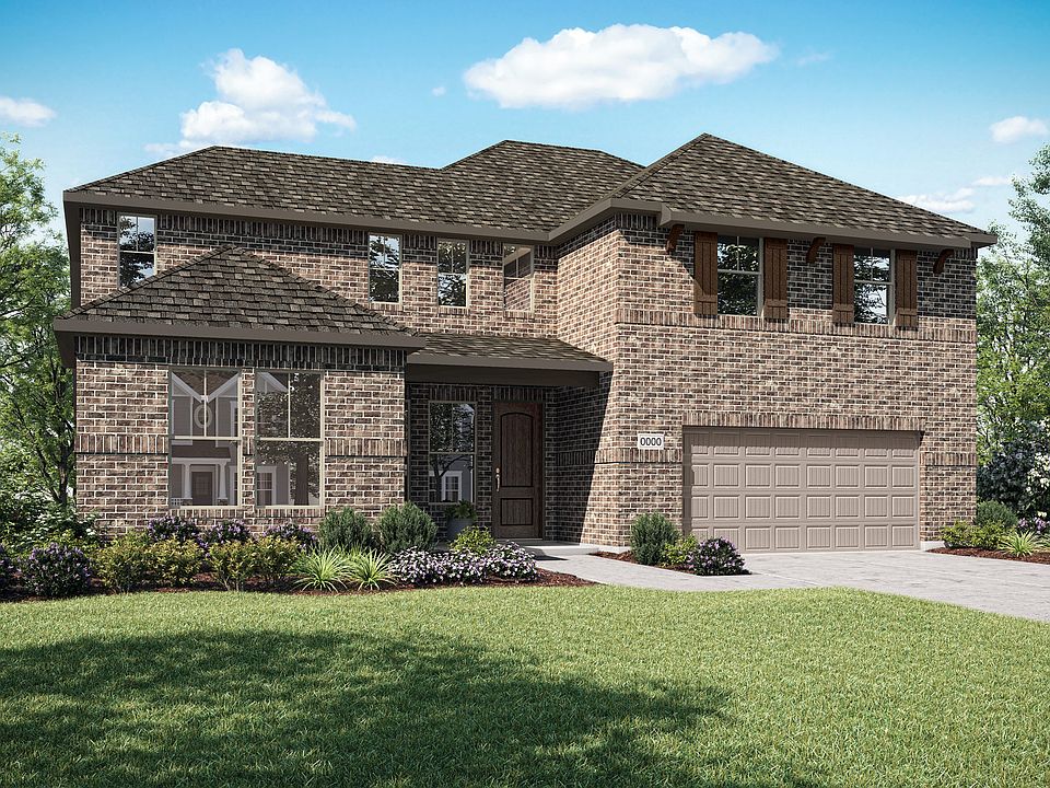 Elevation A is a two story full brick home design with clean lines and shutters on the front windows