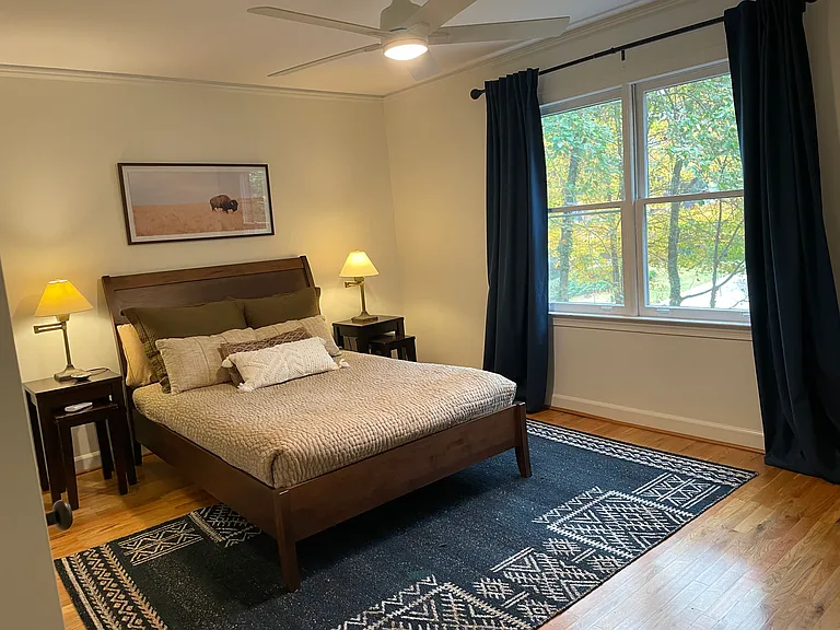 This bedroom with a double bed captures lovely sunlight thru out the day and is a very pleasant space.