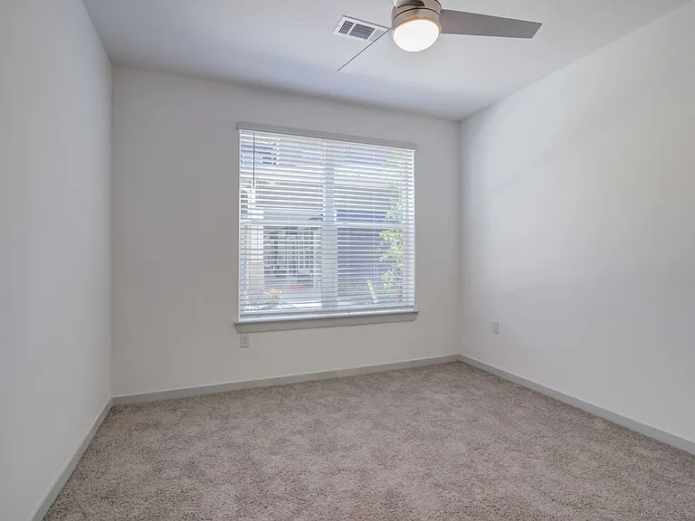 Plush carpet, a ceiling fan with overhead lighting, a large window, and plenty of outlets _ a versatile, light-filled bedroom ready for whatever you need it to be.