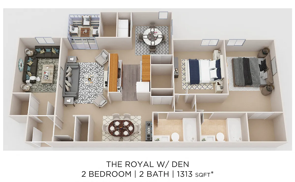 Floor plan Two Bedroom 2 Bath w/ Den- 1,313 sqt