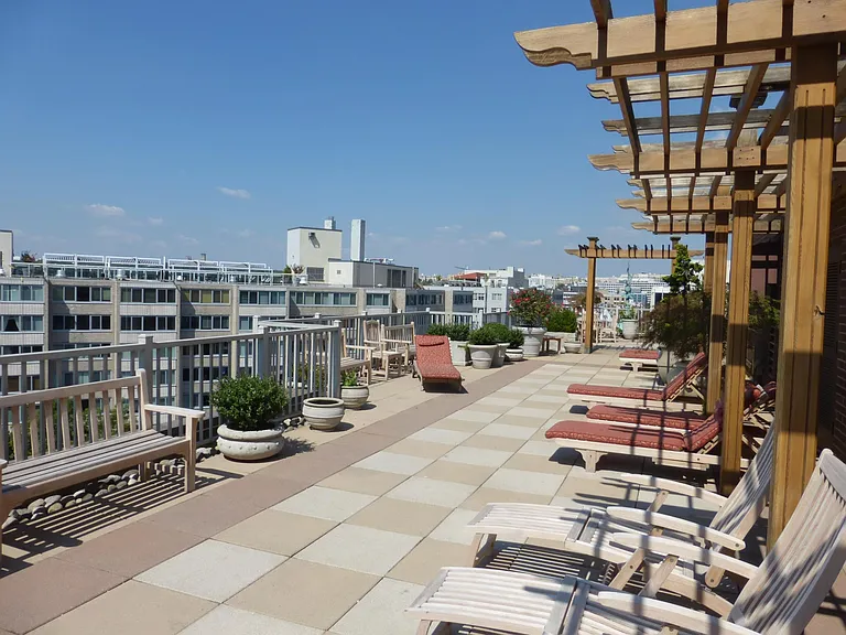 Beautifully landscaped roof garden with pool offers exceptional views and plenty of space to relax.