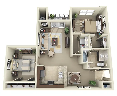 Floor plan 2 BR 1 BA (984 SF)