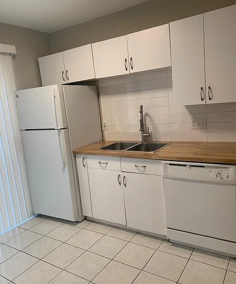 Kitchen has new butcher block counters, new sink, new faucet