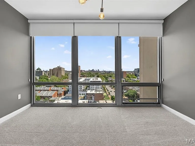 Expansive window wall with roller shades offering an elevated urban panorama