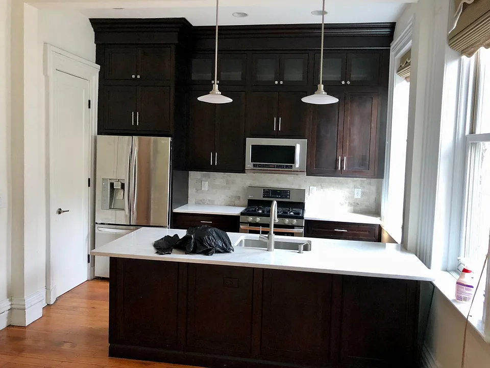 kitchen with designer cherry cabinets. 