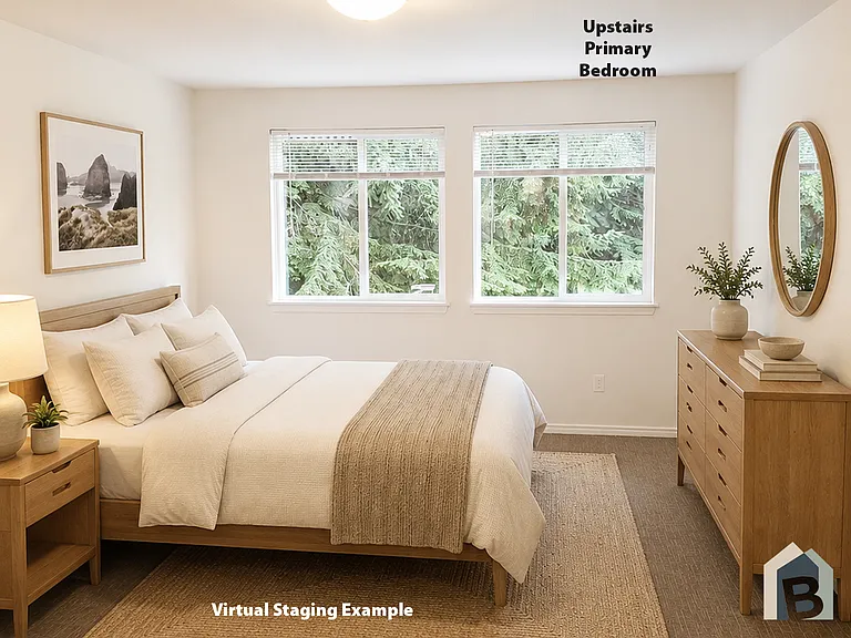 2nd floor large primary bedroom with beautiful view of mature evergreens