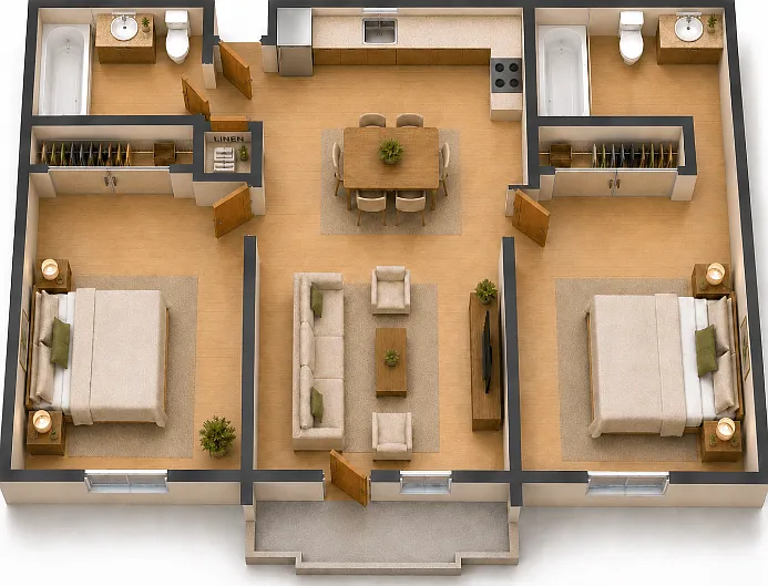 2 Bed 2 Bath Floorplan Diagram