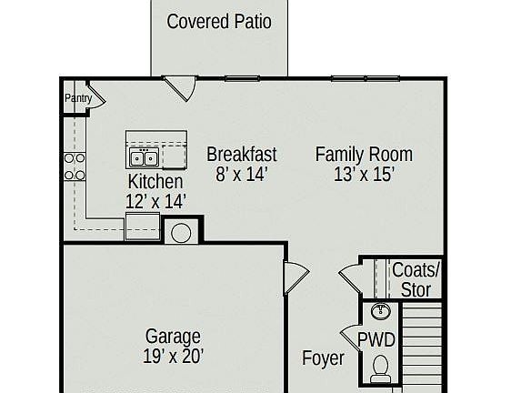 Covered front porch. Open floor plan with kitchen featuring island and pantry.