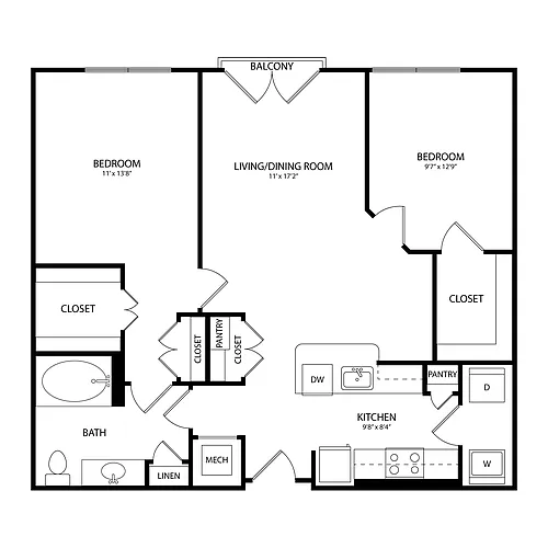 Floor plan 2 Bedroom, 1 Bath 982 SF KC19