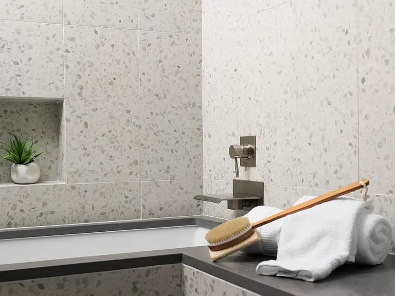 Standing shower, spacious soaking tub and bench