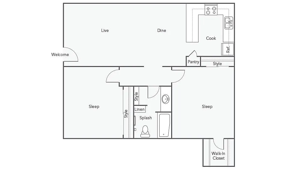 Floor plan 2 BR x 1 BA - B