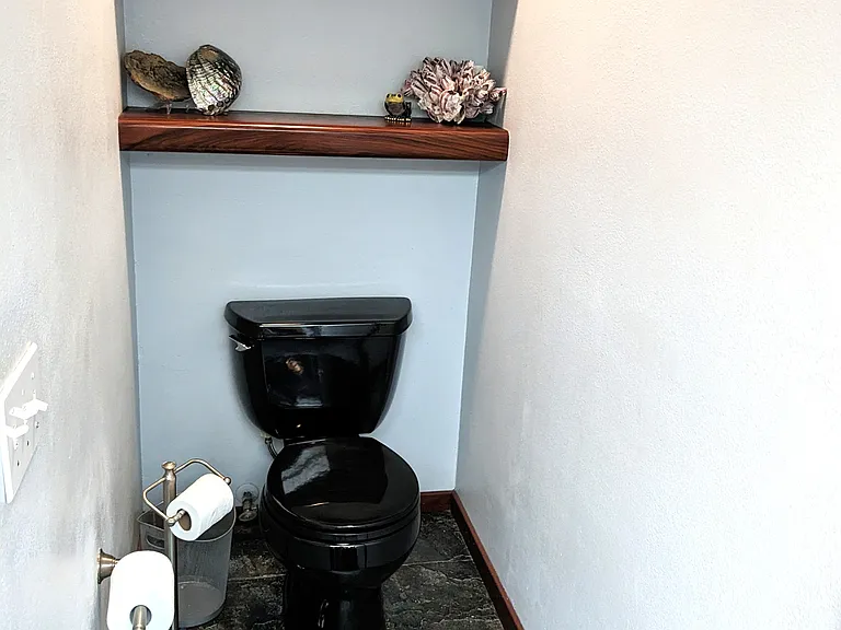 Toilet area with shelves