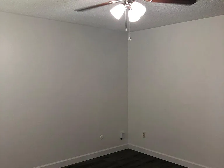 Living room with recently replaced flooring, paint and new ceiling fan