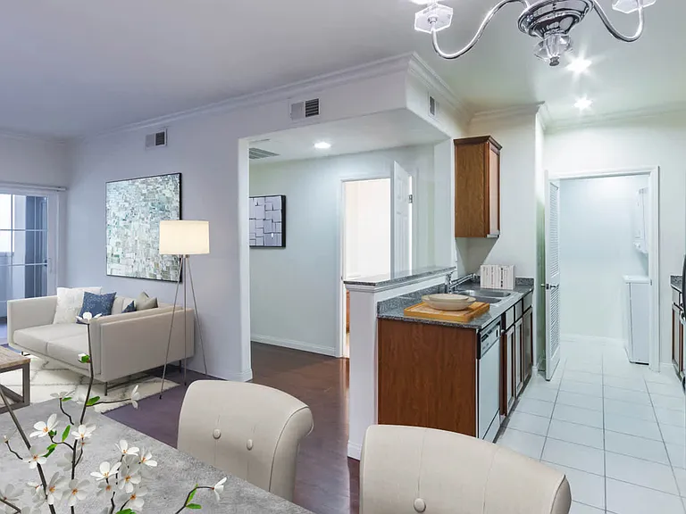 Kitchen and Living Room with Hard Surface Flooring and Balcony