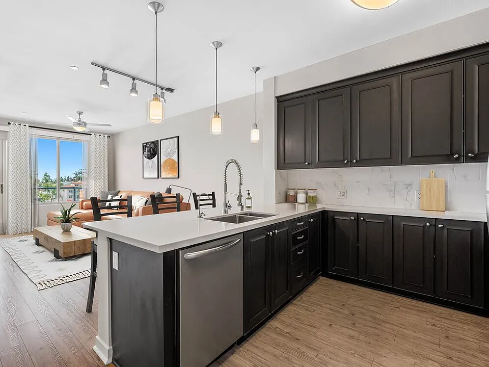 Kitchen, living, and dining area