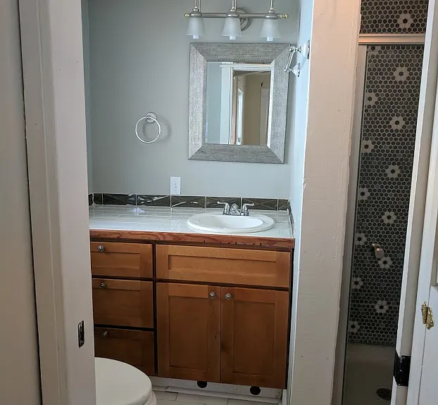 Spacious vanity in downstairs primary bathroom with extra entrance for guests!