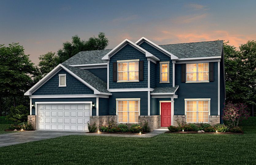 Vanderbilt Exterior 2 features Hardie Board siding, shakes, brick, covered front door and 2 car gara