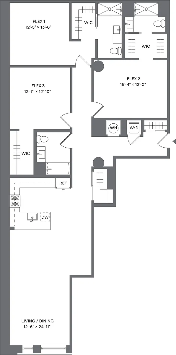 Floor plan Studio+3Flex/3 Bath_S1D