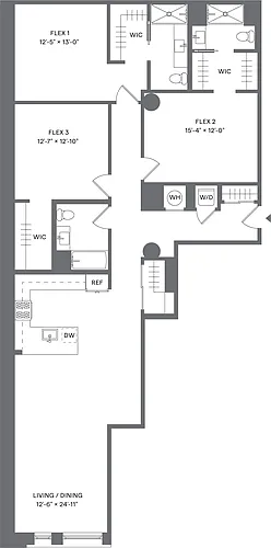 Floor plan Studio+3Flex/3 Bath_S1D