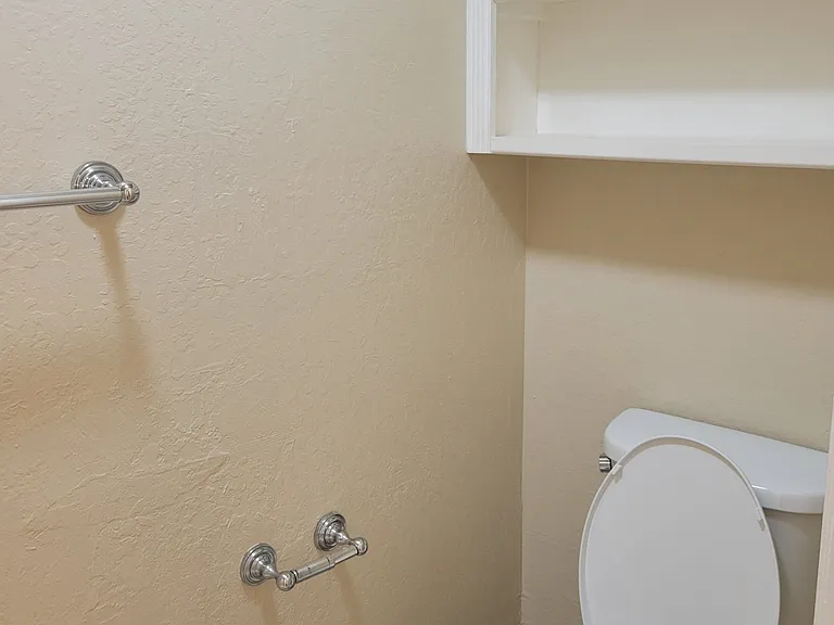 master bathroom, toilet with cabinets above and the shower across from the toilet.