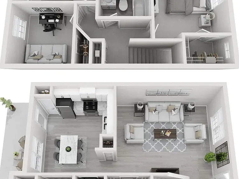 A 3D rendering of The Wessinger, our 3 bedroom 2 bathroom floor plan