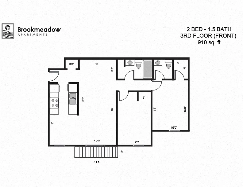 Floor plan 2 Bed, 1.5 Bath - 910 sq ft