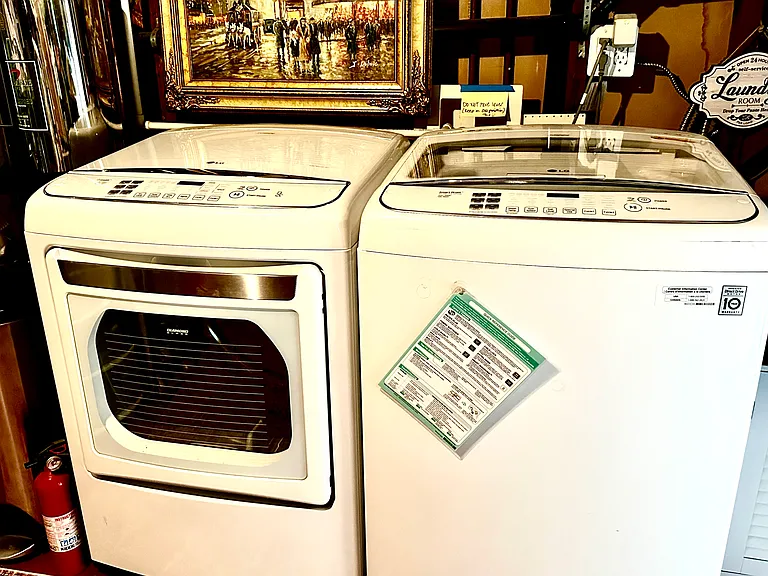 Larger capacity gas dryer and large capacity top loading washing machine.
Life Source water filtration system next to dryer.