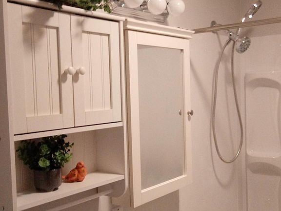 New remodeled bathroom. New paint. New light fixtures, vanity, toliet, cabinets for storage. New surround shower with new shower head and fixtures. New flooring as well.