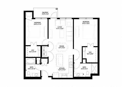 Floor plan Two Bedroom - D (Balcony)