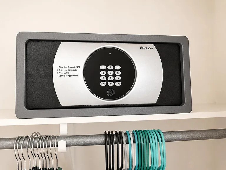 Organized closet storage area with a shelf and hanging rod for streamlined clothing and personal-item storage.
