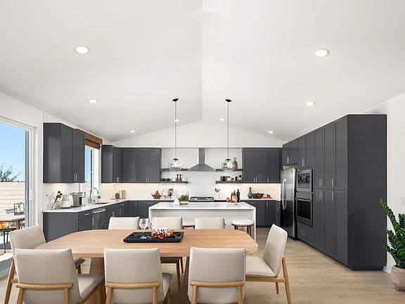Vaulted ceiling dining area and kitchen