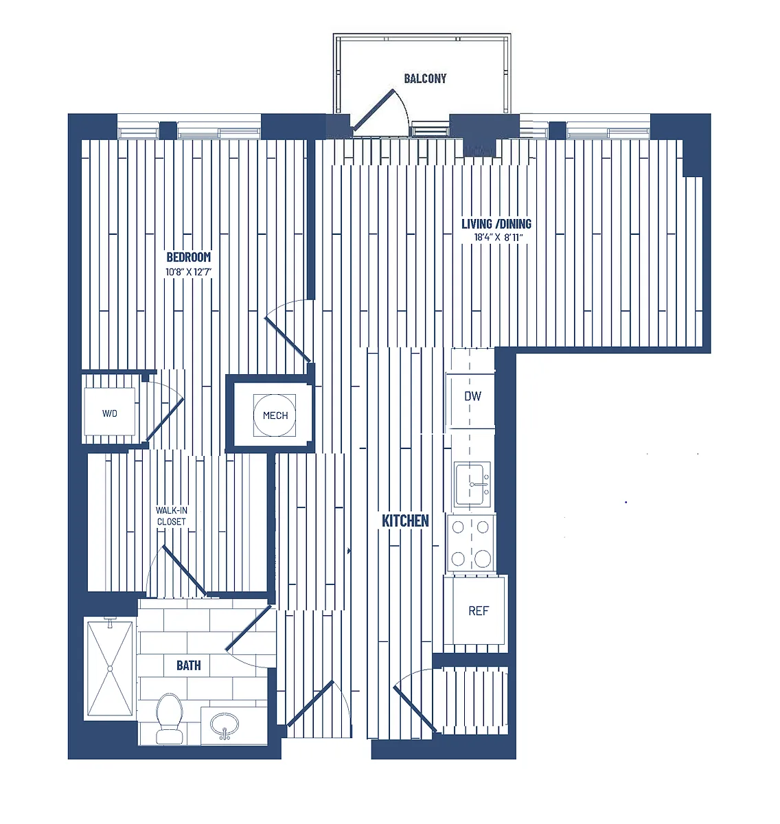 Floor plan 1 Bed/1 Bath-H1B-Balcony