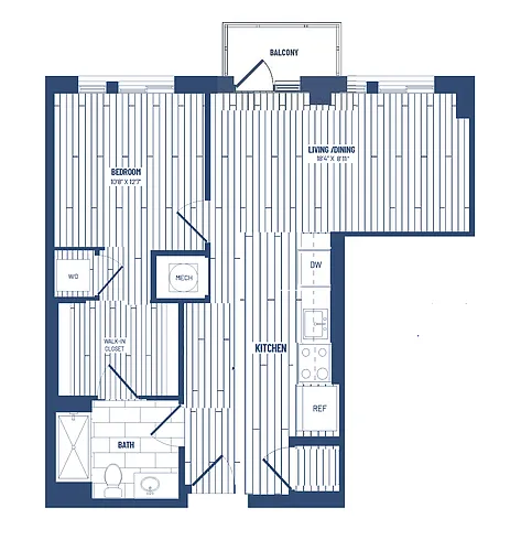 Floor plan 1 Bed/1 Bath-H1B-Balcony